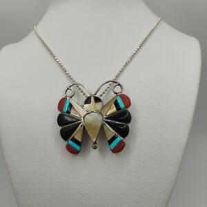 NA Sara Edaakie Inlay Butterfly Pendant Brooch Combo on 20-inch Beaded Chain